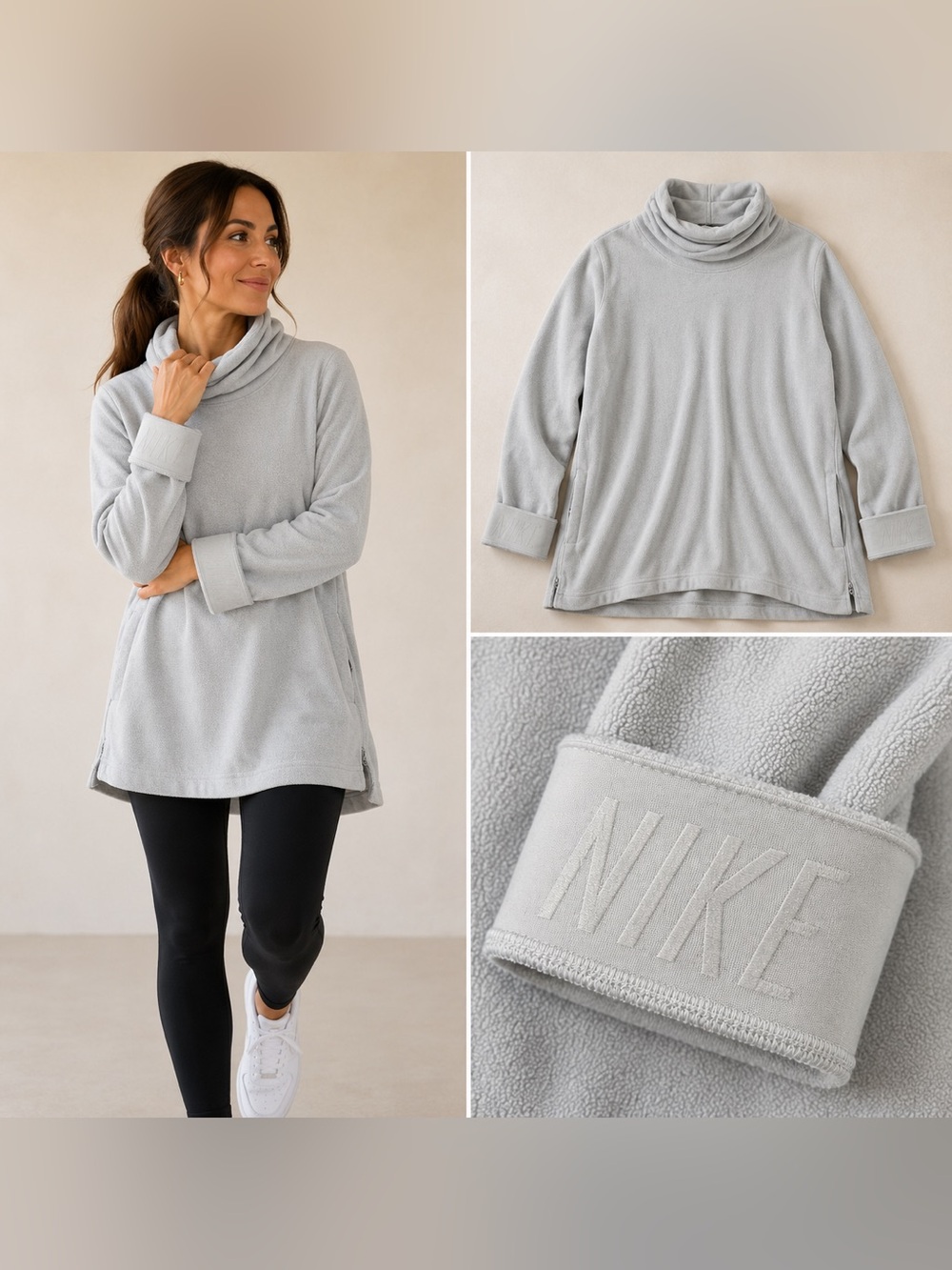 Nike Therma Dri-FIT Fleece Funnel Neck Tunic Pullover Gray L